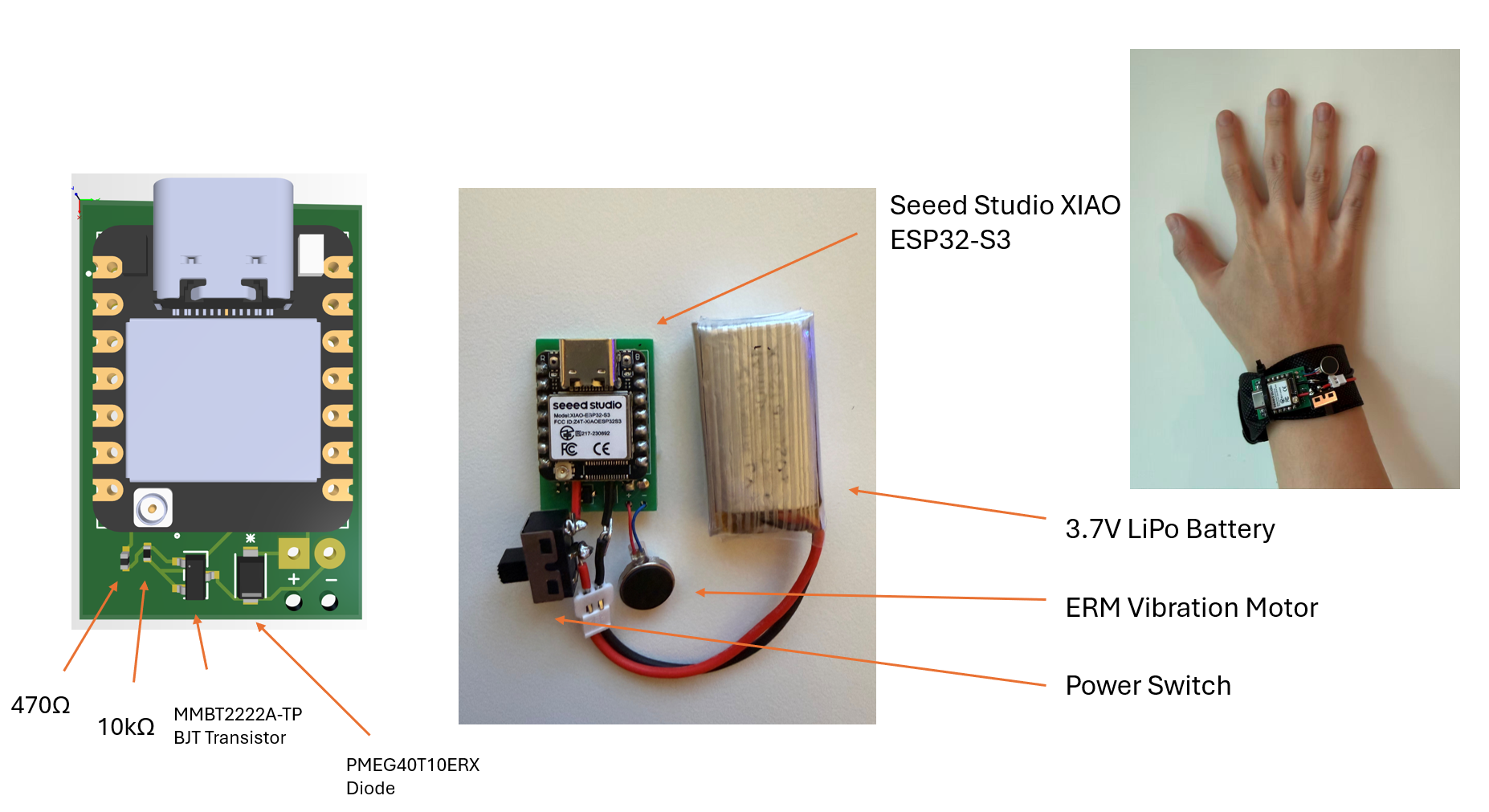 Annotated feedback module showing the XIAO ESP32-S3, vibration motor, battery, switch, transistor, diode, resistors, and wrist-worn assembly