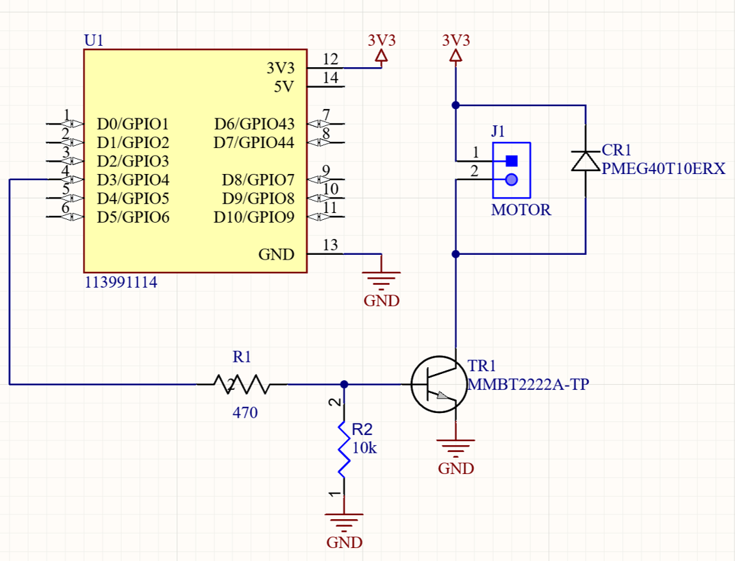 Schematic of the XIAO-controlled vibration motor circuit with a transistor, base resistor, pull-down resistor, and flyback diode
