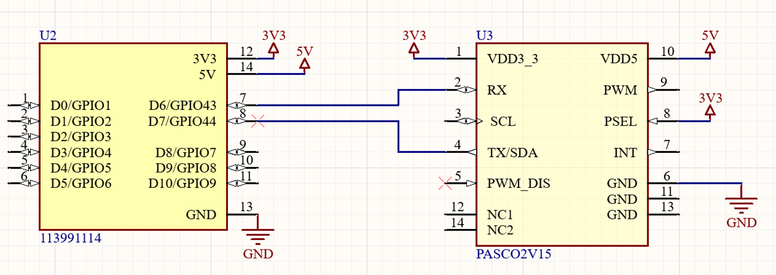Schematic connecting the XIAO ESP32-S3 to the XENSIV PAS carbon dioxide sensor by UART, with 3.3-volt and 5-volt power rails