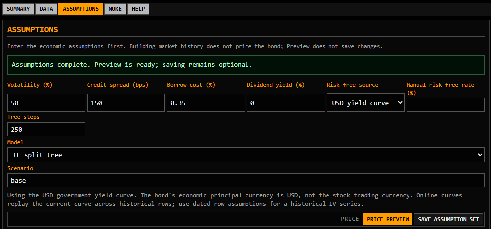 CB Terminal assumptions screen with volatility, credit spread, borrow cost, dividend yield, risk-free rate, model, and scenario inputs