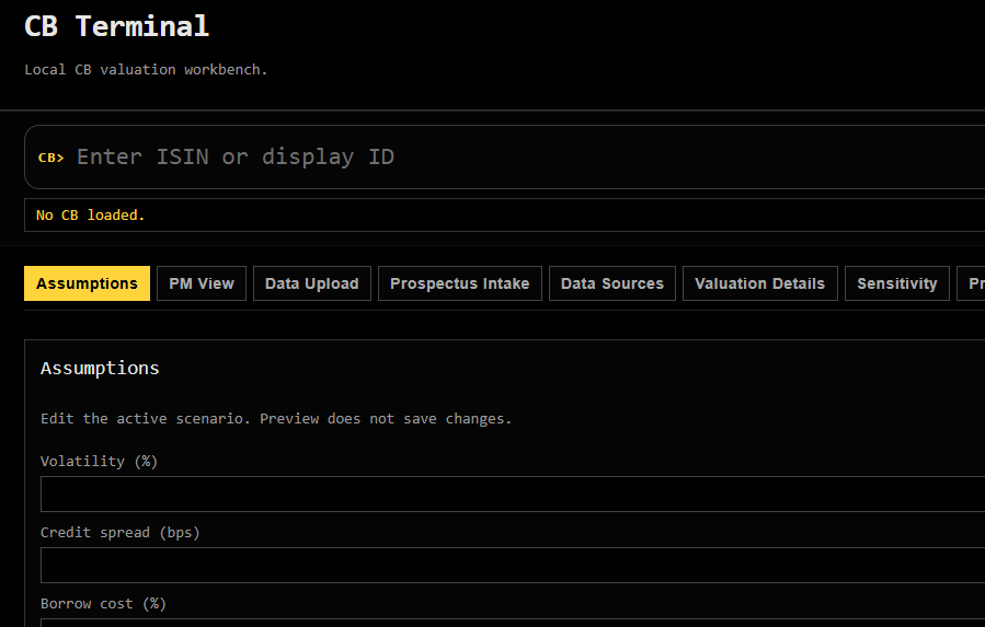 CB Terminal valuation workbench showing its assumptions interface