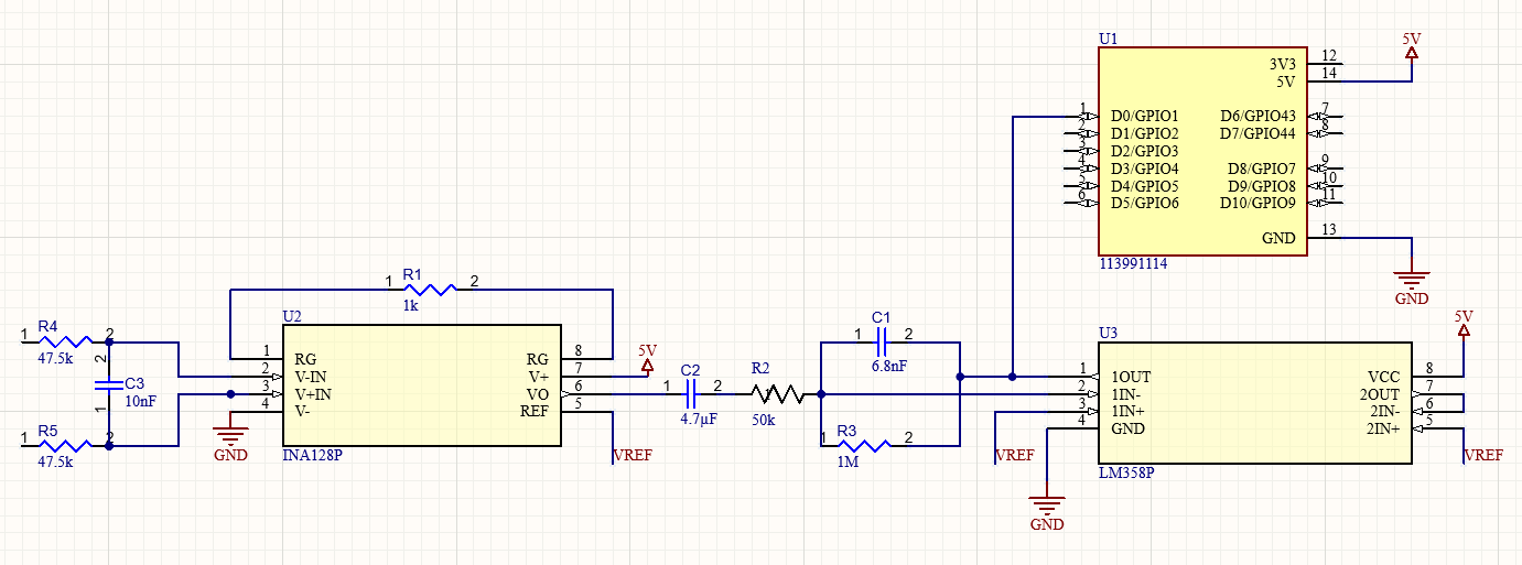 ECG breadboard schematic showing the differential input filter, INA128P instrumentation amplifier, LM358P filter and gain stage, and Seeed Studio microcontroller