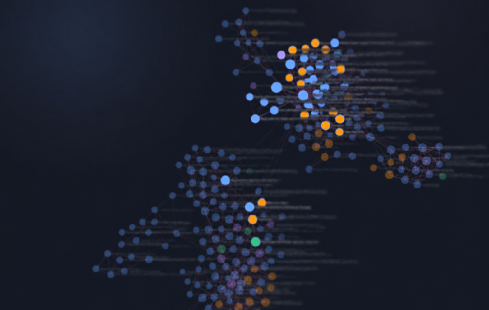 Semantic knowledge graph with blue, orange, purple, and green nodes on a dark background